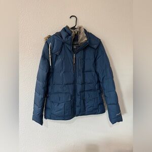 Eddie Bauer Women’s Large Blue Down Puffer Jacket Faux Fur Hood Winter Coat